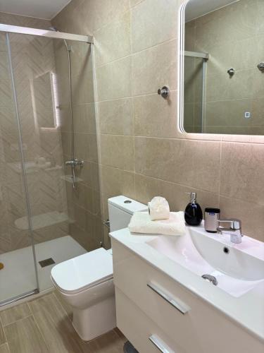 a bathroom with a toilet and a sink and a shower at El Paraiso in Gran Tarajal
