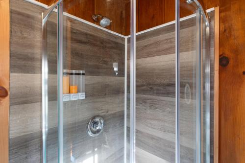 a shower with a glass door in a bathroom at Loon Lodge in Holderness
