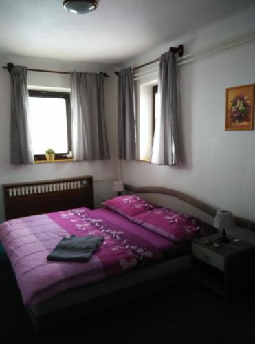 a bedroom with a purple bed and two windows at Chata Rozárka in Dolni Dvur