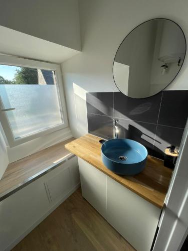 a bathroom with a blue sink and a mirror at Appartement entier proche château de Miniac-Morvan in Miniac-Morvan