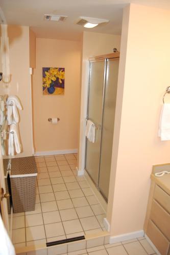 a bathroom with a shower and a sink at Shaker Mill Inn in West Stockbridge
