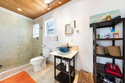 a bathroom with a sink and a toilet and a shower at Wonderful Winding Bay in Tarpum Bay
