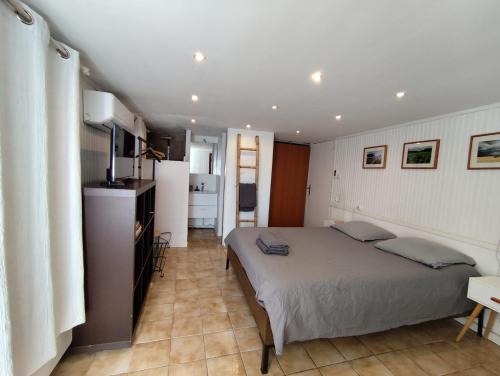 ein Schlafzimmer mit einem Bett und einer Küche darin in der Unterkunft Villa Sainte Victoire in Peynier