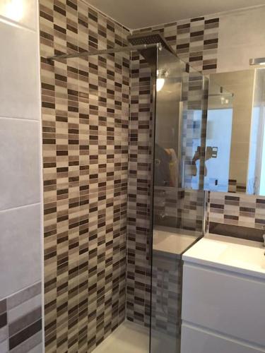 une salle de bain avec une douche avec une porte vitrée dans l'établissement Appartement vu sur mer Canet en Roussillon, à Canet