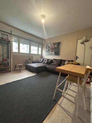 un salon avec un canapé noir et une table dans l'établissement Strasbourg Apartment with parking, à Strasbourg