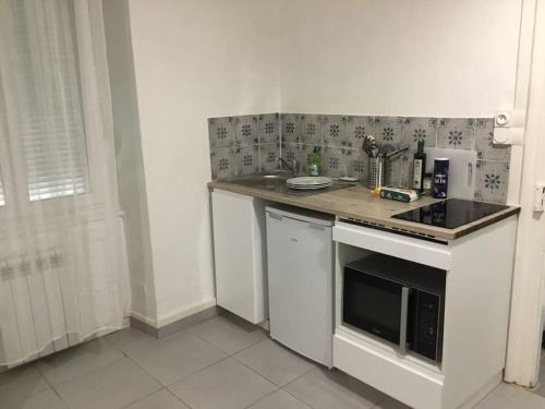 - une cuisine avec un comptoir et une cuisinière four supérieur dans l'établissement Studio 30m2 à deux pas du centre-ville de Mulhouse, à Mulhouse