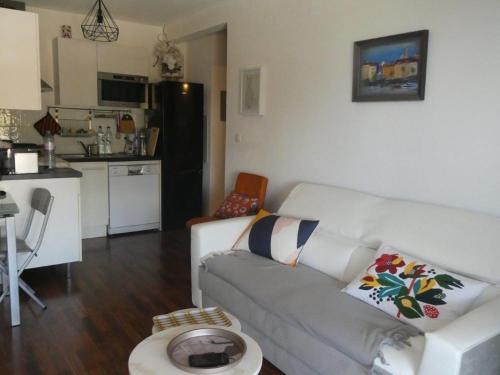 un salon avec un canapé et une cuisine dans l'établissement Ajaccio Sanguinaires T2 150métres de la mer, à Ajaccio