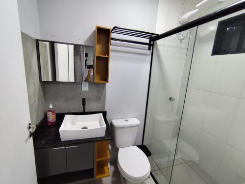 ein Badezimmer mit Toilette, Waschbecken und Dusche in der Unterkunft Casa de praia - Bombinhas in Bombinhas