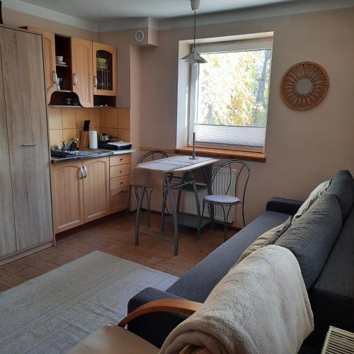 a living room with a couch and a table and a kitchen at CHILL-i-Domki in Sandomierz
