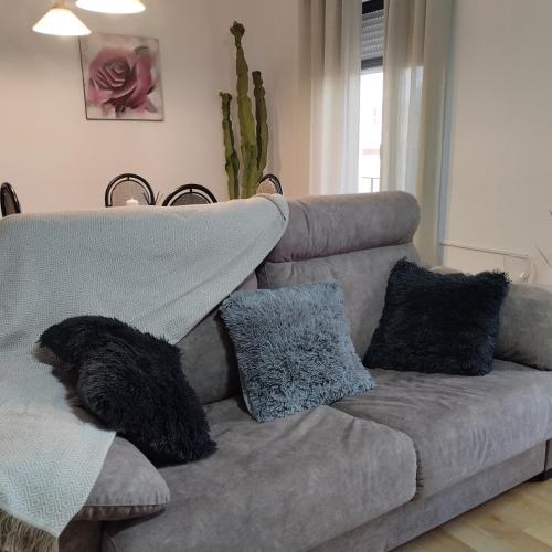 - un canapé avec une couverture dans le salon dans l'établissement Apartamento ESPERANZA DE LA YEDRA, à Jerez de la Frontera