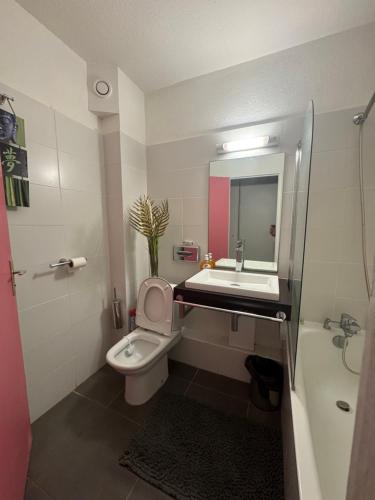 une salle de bain avec toilettes, lavabo et miroir dans l'établissement Appart' CosyChik' Vue Golf Au Cœur De La Marina À Pied !!!, à Saint-François