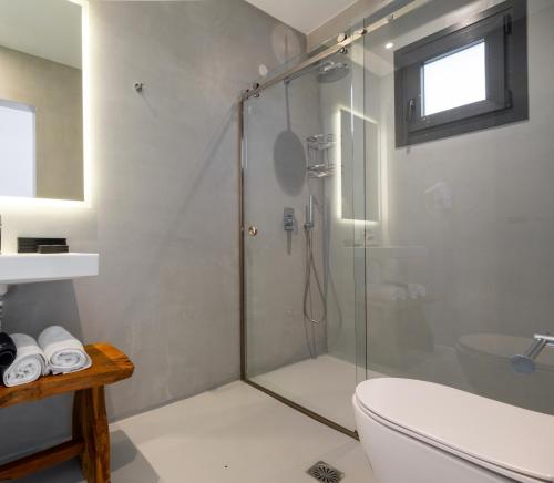 a bathroom with a shower with a toilet and a sink at Cavo Piso Livadi in Piso Livadi