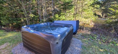 a hot tub sitting in the grass in a field at BLOOM - Luxe et Confort en forêt in Valcartier Station