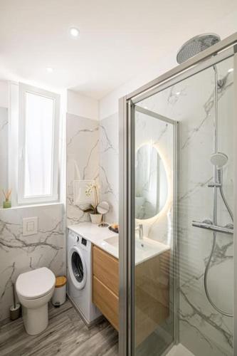 une salle de bain avec une douche, des toilettes et un lavabo dans l'établissement Charming Apt Nice Port Place du Pin with Balcony, à Nice
