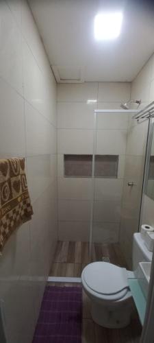 a small bathroom with a toilet and a shower at Lofts portal 225 unid 01 in Recife