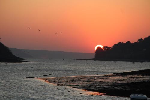 a sunset over a body of water with birds flying at Gîte de Guernevez in Hôpital-Camfrout