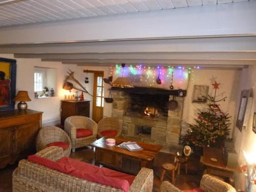 a living room with a christmas tree and a fireplace at Gîte de Guernevez in Hôpital-Camfrout