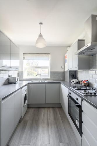 a white kitchen with a sink and a dishwasher at Cozy Downtown Apartment in Rochester