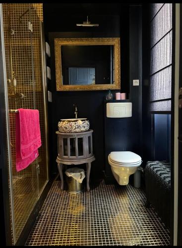 une salle de bain avec un lavabo et des toilettes dans l'établissement Room S - Louvre Museum - shared bathroom with host, à Paris