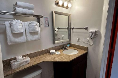 a bathroom with a sink and a mirror and towels at Ramada by Wyndham Flamingo Water Park in Kissimmee