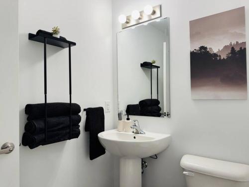 ein weißes Badezimmer mit Waschbecken und Spiegel in der Unterkunft Luxury Stay Near Niagara Falls in Niagara Falls