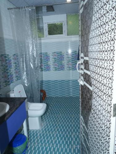 a bathroom with a shower with a toilet and a sink at BLUE Bay resorts in Yelagiri