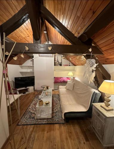 un salon avec un canapé et une table dans l'établissement Charmant studio rénové et équipé, à Cannes-Écluse