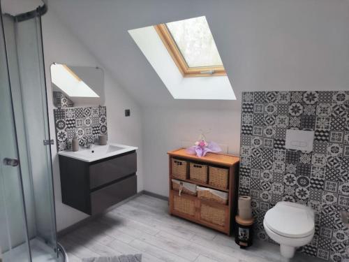 a bathroom with a toilet and a sink and a skylight at Maison cosy 2 chambres proche Troyes in Villacerf