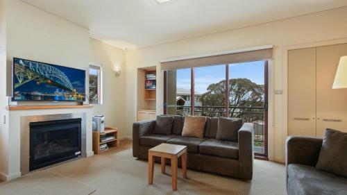 Una sala de estar con un sofá y una chimenea. en Chalet Hotham 01, en Monte Hotham