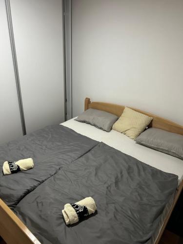 莫斯塔尔Villa Goranci的卧室里有一张床，上面有两个枕头