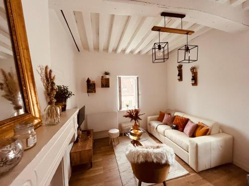 un salon avec un canapé et une table dans l'établissement Le Havre d'Olga - Homillesime, à Dijon