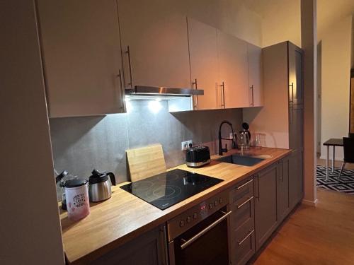 a kitchen with a sink and a stove top oven at Schöne neue DG Wohnung mit sonniger Dachterrasse und fantastischem Ausblick in Naumburg