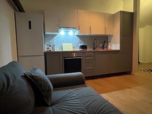 a living room with a couch and a kitchen at Schöne neue DG Wohnung mit sonniger Dachterrasse und fantastischem Ausblick in Naumburg