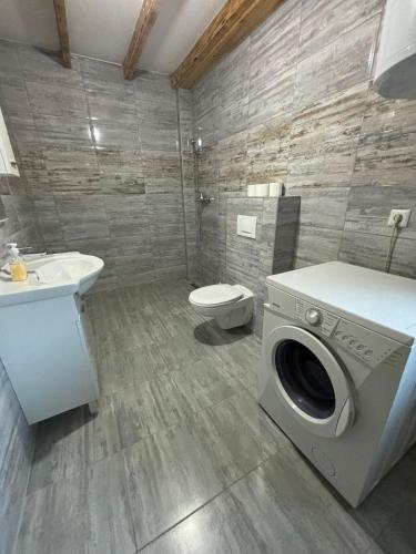 a bathroom with a washing machine and a toilet at Pool & Rest Holiday Home 3D in Bihać
