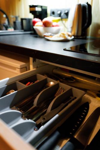 a kitchen counter with utensils in a drawer at Brīvdienu māja Jaunzvīņas in Upesgrīva