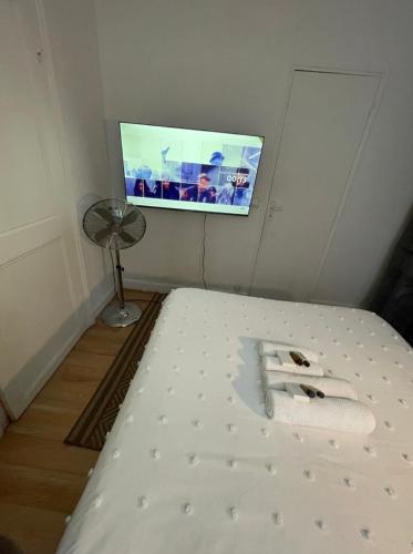 - une chambre avec un lit et une télévision à écran plat dans l'établissement Magnifique T2, à Creil