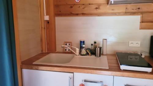 a kitchen counter with a sink in a kitchen at Reflet de Bien Être in Marsoulas