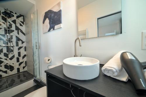 une salle de bain avec un lavabo et une douche dans l'établissement Suite Pompidou, vue artistique, à Metz