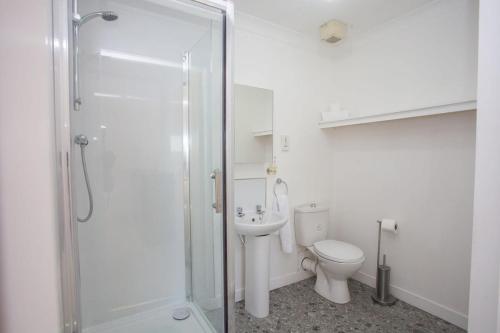 a white bathroom with a toilet and a shower at 3 Bedroom Duplex with Free Parking in Glasgow