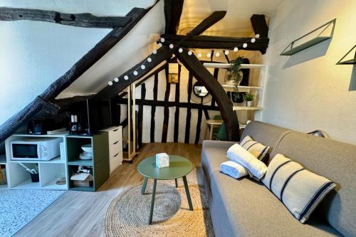un salon avec un canapé et une table dans l'établissement Vera Studio Confortable sous les combles !, à Rouen