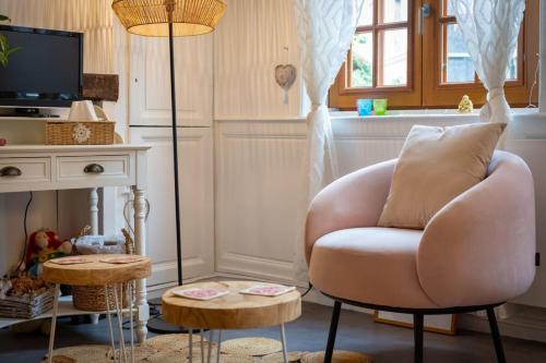 un salon avec une chaise rose et une table dans l'établissement Valère nid d'amour pour 2 proche Cathédrale, à Rouen