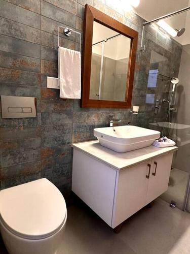 a bathroom with a sink and a toilet and a mirror at Shangrila Casa-Premium Homestay in Lovedale