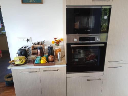 a kitchen with a counter with a microwave and a stove at Shangrila Casa-Premium Homestay in Lovedale