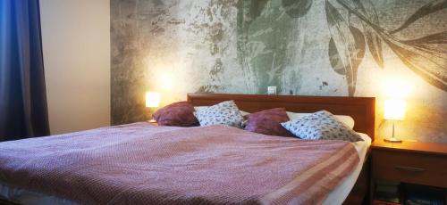 a bedroom with a bed with pillows and two lamps at Villa Akulica in Jakišnica