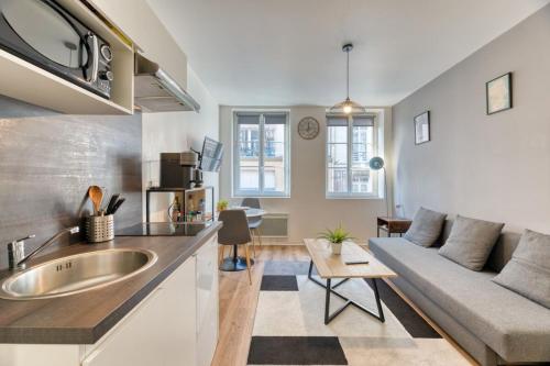 Il dispose d'une cuisine et d'un salon avec un canapé et un évier. dans l'établissement Le Thibaut studio rénové au coeur de Rouen, à Rouen