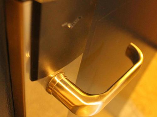 a gold door handle on a stainless steel refrigerator at Clover Hotel in Johor Bahru
