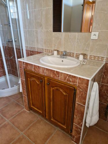 une salle de bain avec un lavabo et une douche dans l'établissement Chambres d'hôtes à Pêtre, à Entrevennes