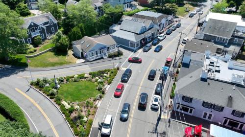 an aerial view of a street with cars on a highway at Amazing Location Lakefront Waterside Deck in Chatham