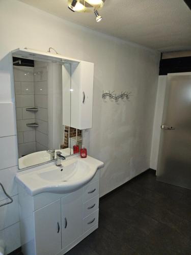 a bathroom with a white sink and a mirror at Haus mit 4 Ferienwohnungen am Fuselpättken in Sendenhorst