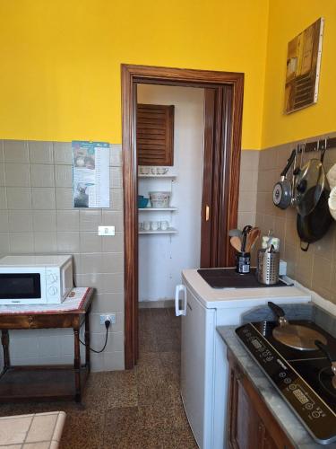 a kitchen with a sink and a microwave in it at Oak Tree in Montefelcino